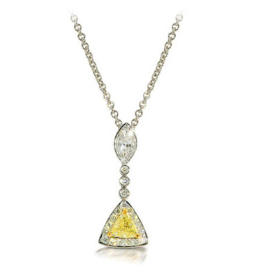 Trimara Trillion Marquise Halo Drop Necklace with lab grown diamond look cubic zirconia in 14k yellow gold.