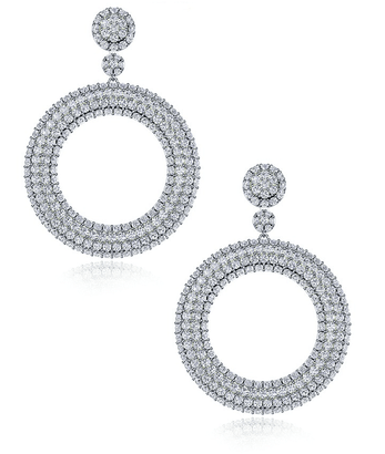 Pave set laboratory grown diamond look cubic zirconia halo disc hoop drop earrings in 14k white gold.