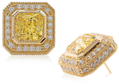Delarenza 5.5 carat each canary laboratory grown diamond look cubic zirconia pave halo earrings in 14k yellow gold.
