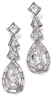 Pear 5 carat lab grown diamond look cubic zirconia asscher baguette drop earrings in 14k white gold.