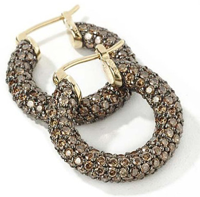 Chocolate cognac pave hoop earrings with laboratory grown diamond alternative cubic zirconia in 14k yellow gold.