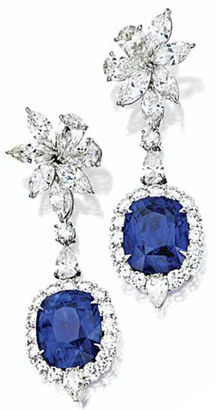 Emerald cushion cut 5.5 carat lab created cubic zirconia marquise and pear cluster drop earrings in 14k white gold.