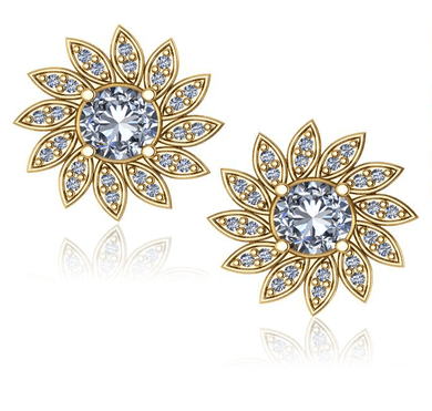 Flower .50 carat each round pave halo lab grown diamond simulant cubic zirconia earrings in 14k yellow gold.