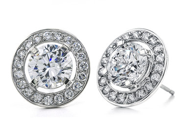 Parliament 1.25 carat round lab grown diamond look cubic zirconia halo pave stud earrings in 14k white gold.