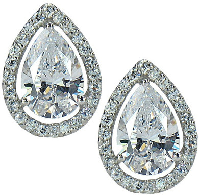 4 carat each LaRue pear laboratory grown diamond quality cubic zirconia halo stud earrings in 14k white gold.