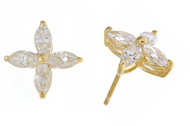 Marquise Star simulated laboratory grown diamond alternative cluster stud earrings in 14k yellow gold.