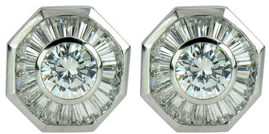 Kaleidoscope 1 carat lab grown diamond alternative cubic zirconia bezel set round baguette halo earrings in 14k white gold.