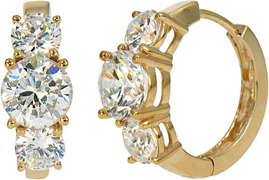 Nantucket three stone anniversary lab grown diamond look cubic zirconia hoop earrings in 14k yellow gold.