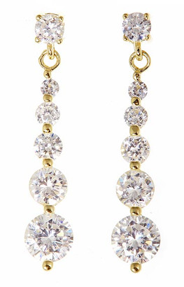 Journey graduated round lab grown diamond simulant cubic zirconia dangle drop earrings in 14k yellow gold.