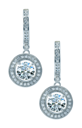 Geneva round laboratory grown diamond simulant cubic zirconia halo drop pave earrings in 14k white gold.