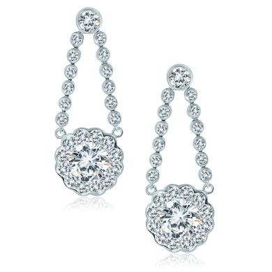 Pallini scalloped 1 carat round lab grown diamond simulant cubic zirconia cluster stud drop earrings in 14k white gold.