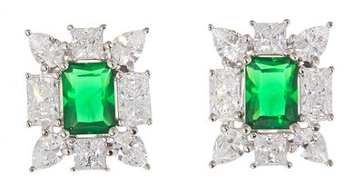 Deline green emerald princess cut pear laboratory grown diamond simulant cubic zirconia cluster earrings in 14k white gold.