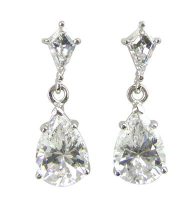 Kite earring drops 2 carat pear drop and custom cut kite lab created cubic zirconia set in 14k white gold.