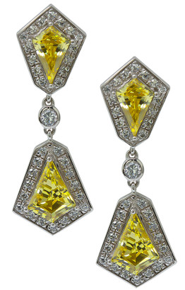 Kite shaped halo laboratory grown diamond alternative cubic zirconia canary drop pave earrings in 14k white gold.