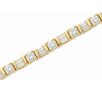 Alternating Round and Baguette Bracelet with lab grown diamond simulant cubic zirconia in 14k yellow gold.