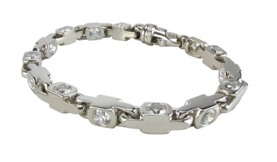 Mastiff .50 Carat Each Round Mens Link Bracelet with lab grown diamond simulant cubic zirconia in 14k white gold.