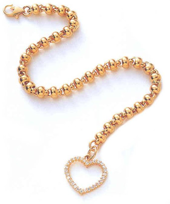 Heart Pave Set Round Drop Bracelet with lab grown diamond quality cubic zirconia in 14k yellow gold.