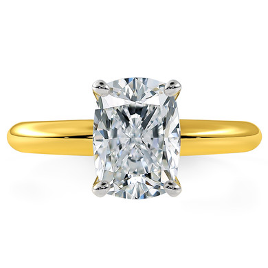 Elongated cushion cut lab grown diamond look alternative cubic zirconia solitaire engagement ring in 14k yellow gold.