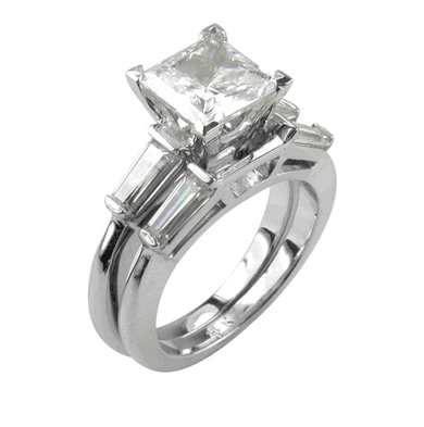 Princess cut square lab grown diamond alternative cubic zirconia baguette solitaire engagement ring with matching wedding band in 14k white gold.