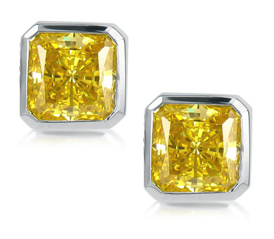 Princess cut square bezel set lab grown canary diamond look cubic zirconia stud earrings in 14k white gold.