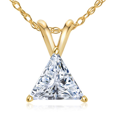 Trillion triangle laboratory created diamond alternative cubic zirconia basket set classic solitaire pendant in 14k yellow gold.