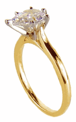 Pear shape lab grown diamond simulant cubic zirconia cathedral solitaire engagement ring in 14k yellow gold.