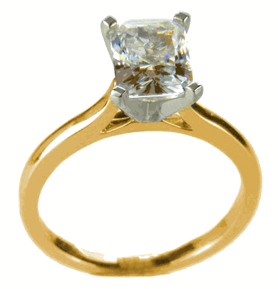 Emerald cut lab grown diamond simulant cubic zirconia cathedral solitaire engagement ring in 14k yellow gold with white gold prongs.