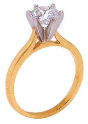Round lab grown diamond simulant cubic zirconia six prong cathedral solitaire engagement ring in 14k yellow gold.
