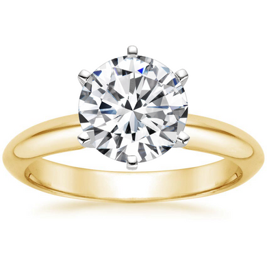 Round lab-grown diamond alternative cubic zirconia classic six prong solitaire engagement ring in 14k yellow gold.