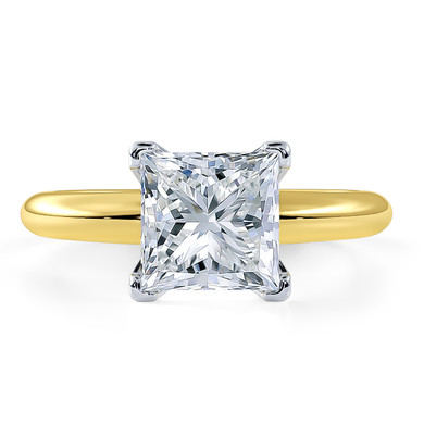 Princess cut square lab grown diamond simulant cubic zirconia classic solitaire engagement ring in 14k yellow gold.