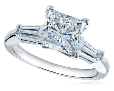 Princess cut square lab grown diamond alternative cubic zirconia baguette solitaire engagement ring in 14k white gold.