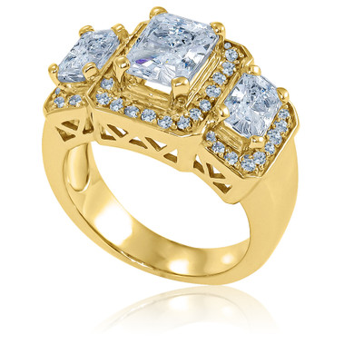 Three stone radiant emerald cut lab grown diamond simulant cubic zirconia pave halo anniversary ring in 14k yellow gold.