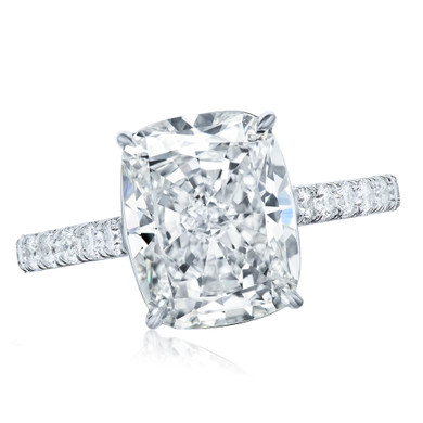 LeMar elongated cushion cut lab grown diamond simulant cubic zirconia cathedral pavé solitaire engagement rings in 14k white gold.