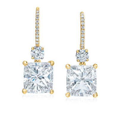 Destiny cushion cut and round pave lab grown diamond alternative cubic zirconia drop earrings with shepherd hook earring posts in 14k yellow gold.