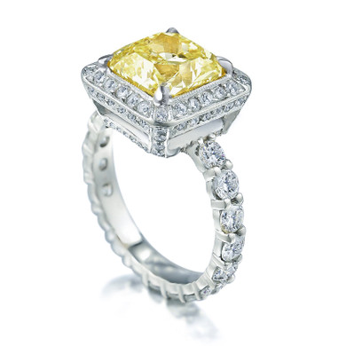 Baroness princess cut canary laboratory grown diamond alternative cubic zirconia halo eternity band solitaire in platinum.