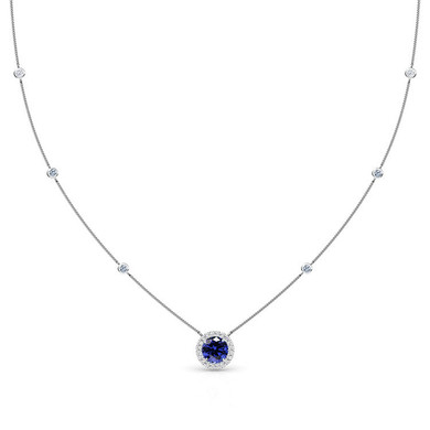 Elysian round man made sapphire halo station necklace with lab grown diamond look cubic zirconia in 14k white gold.