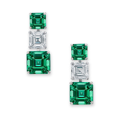 Countessa Asscher cut three stone graduated lab grown diamond look cubic zirconia and man made emerald drop earrings in 14k white gold.