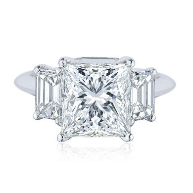 Princess cut lab created diamond simulant cubic zirconia with emerald cuts three stone engagement rings in platinum.