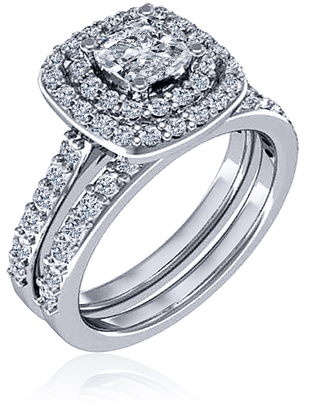 Lunette 1 carat cushion cut laboratory grown diamond alternative cubic zirconia double halo pave cathedral wedding set in 14k white gold.