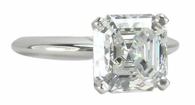 Asscher cut 4 carat lab grown diamond alternative cubic zirconia classic solitaire engagement ring in 14k white gold.