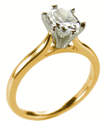 Oval 2.5 carat laboratory grown diamond look cubic zirconia cathedral solitaire engagement ring in 14k yellow gold with white gold prongs.