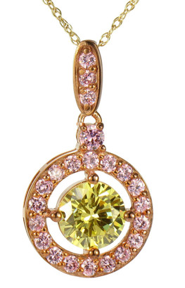 Hampton halo canary 2 carat round pink pave pendant with lab grown diamond look cubic zirconia in 14k rose gold.