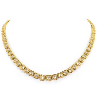 Sarento Graduated Prong Set Round Scalloped Tennis Necklace with lab grown diamond alternative cubic zirconia in 14k yellow gold.