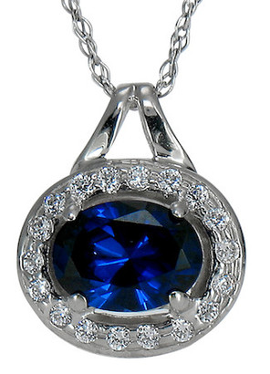 The Serefine Man Made Sapphire 1 Carat Oval Halo Pave Set Round Pendant with lab grown diamond look cubic zirconia in 14k white gold.