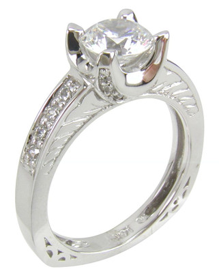 Round 1 Carat Pave Engraved U Shaped European Shank Solitaire with lab grown diamond look cubic zirconia in 14k white gold.