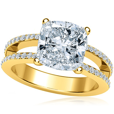 Britney 2.5 carat cushion cut lab created diamond alternative cubic zirconia micro pave set split shank solitaire engagement ring in 14k yellow gold.