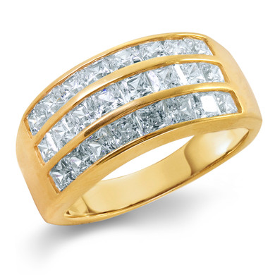 Three row channel set princess cut lab grown diamond quality cubic zirconia band in 14k yellow gold.