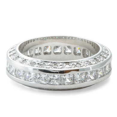 Channel set princess cut and pave set round lab created diamond alternative cubic zirconia eternity band in 14k white gold.