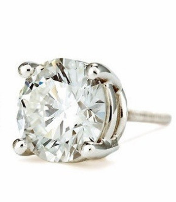 Single Stud 2 carat round lab created diamond alternative cubic zirconia four prong basket set stud earring in 14k white gold.