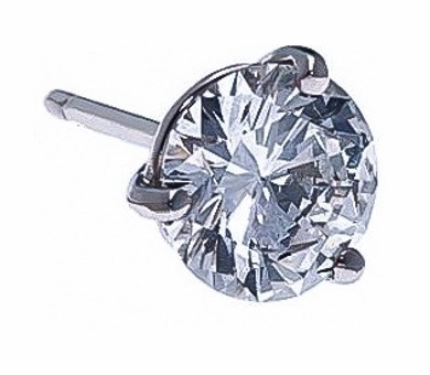 SINGLE STUD 1 carat round lab grown diamond look cubic zirconia three prong basket set stud earring in 14k white gold.